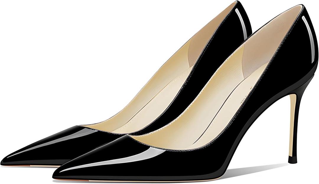 Women's Pointed Toe Stiletto High Heel Pumps 3.15IN Slip-On Party Wedding Evening Shoes (Black Nude Bottom) US 8.5