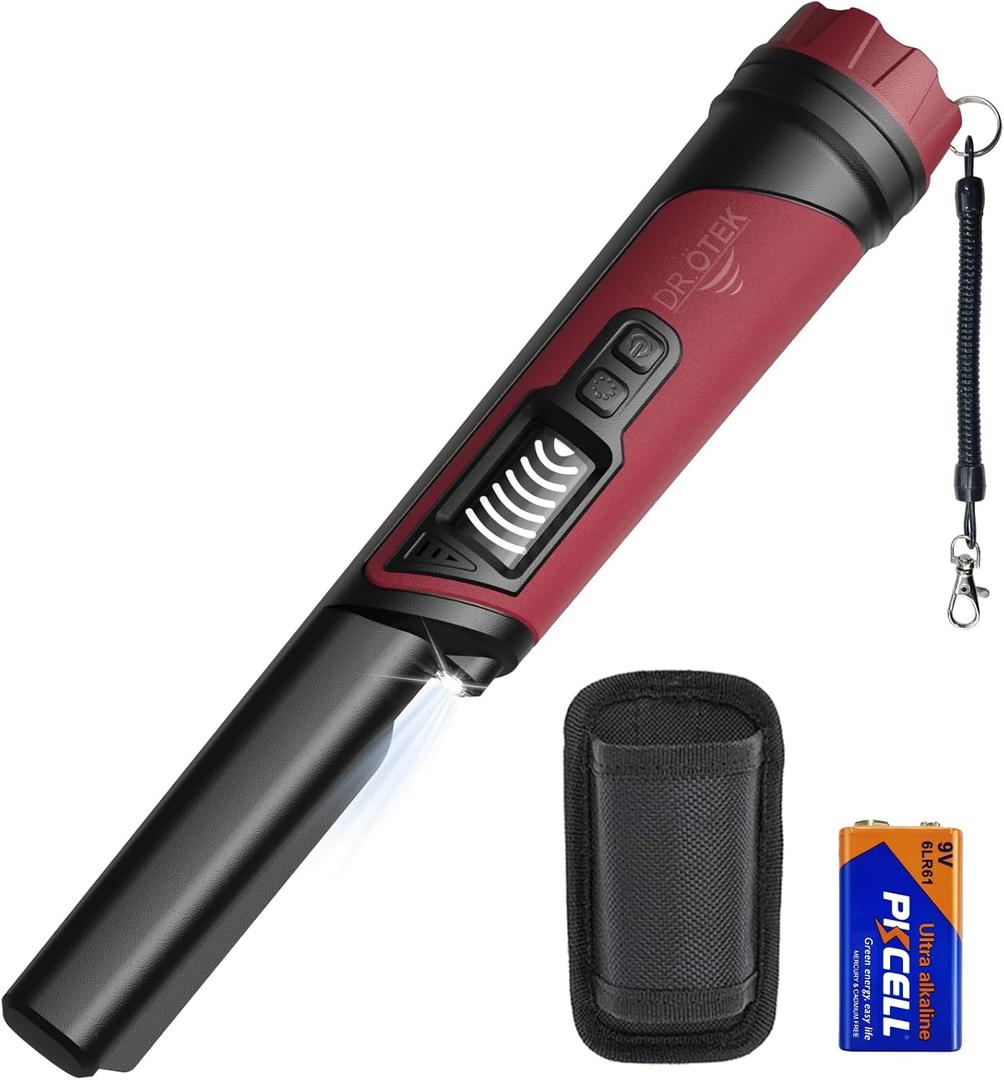 DR.TEK Metal Detector Pinpointer, IP68 Fully Waterproof Underwater Pinpointer Metal Detector with LCD Screen & LED Light 360 Accurate High-Sensitivity Detection, Handheld Wand for Adults & Kids, Red