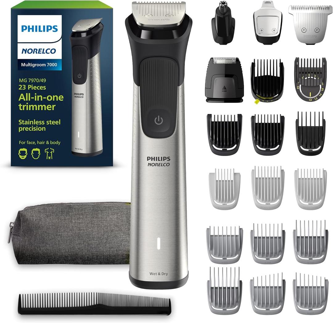 Philips Norelco Multigroom 7000 Series, All-in-One Trimmer, Beard Trimmer and Hair Clipper, 23-Piece Men's Grooming Kit for Beard, Face, Nose, Ear, Body, with Titanium Blades, Travel Pouch, MG7970/49 (MG7970/49 - 23 Pieces + Ti Blades & Bag, Steel)