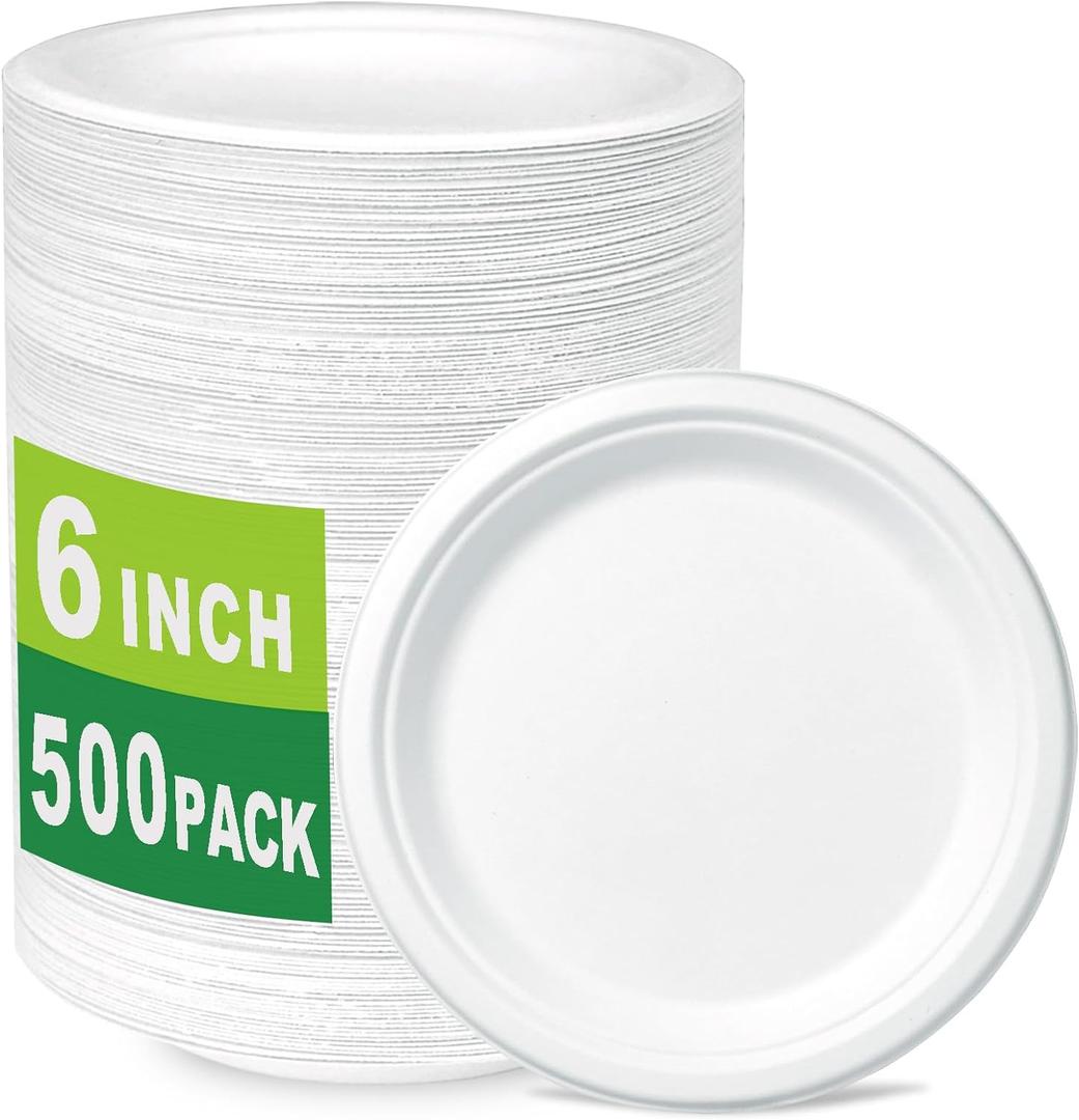 4 x CantaGreen 500 Count 6 Inch Small Heavy Duty Compostable Dessert Plates, Biodegradable Bagasse and Bamboo Fiber Paper Plates