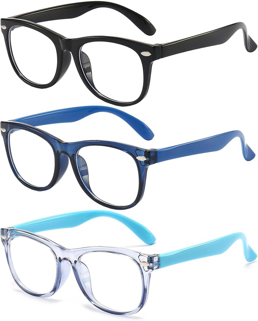 FANNYGO 3 Pack Kid Blue Light Glasses For Kids Girls Boys Computer Blue Light Kids Glasses Clear Glasses Age 3-9 (Black + Dark blue + Light blue)