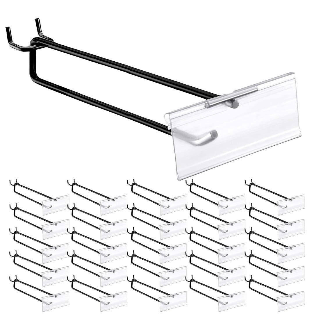 Tandefio 50 Pack 11 Inch Black Metal Peg Board Hooks with Clear Plastic Label Holder Stainless Steel Display Pegboard Hooks for 1/8'' to 1/4'' Pegboard Wall for Garage Storage Retail Shop Supplies