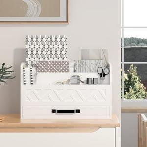 WISUCART Bamboo Mail Organizer Countertop Wood Desk Organizer Drawer Tabletop Storage Box Letter Sorter Makeup Organizer for School Home Office Supplies White