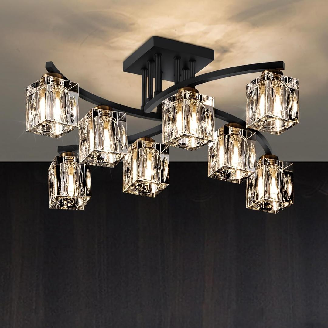 Crystal Semi Flush Mount Ceiling Light with 8-Lights Black Sputnik Ceiling Light Fixture Modern Chandeliers for Dining Room Living Room Kitchen Island Bedroom Hallway