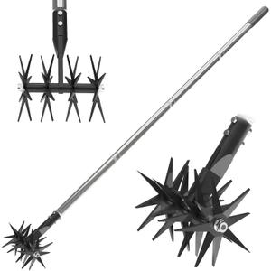 66in Rotary Cultivator with Tempered Spring Steel Tines and Adjustable Stainless Steel Handle Manual Garden Tiller Tool for Loosening Soil Mixing Fertilizer