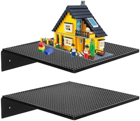 Taladad 2 Pack Display Shelves for Building Bricks, Display Case Compatible with All Toy Block Brands -Acrylic Floating Shelf Display with Brick Building Baseplate, Figure Display Cabinet Wall Mount