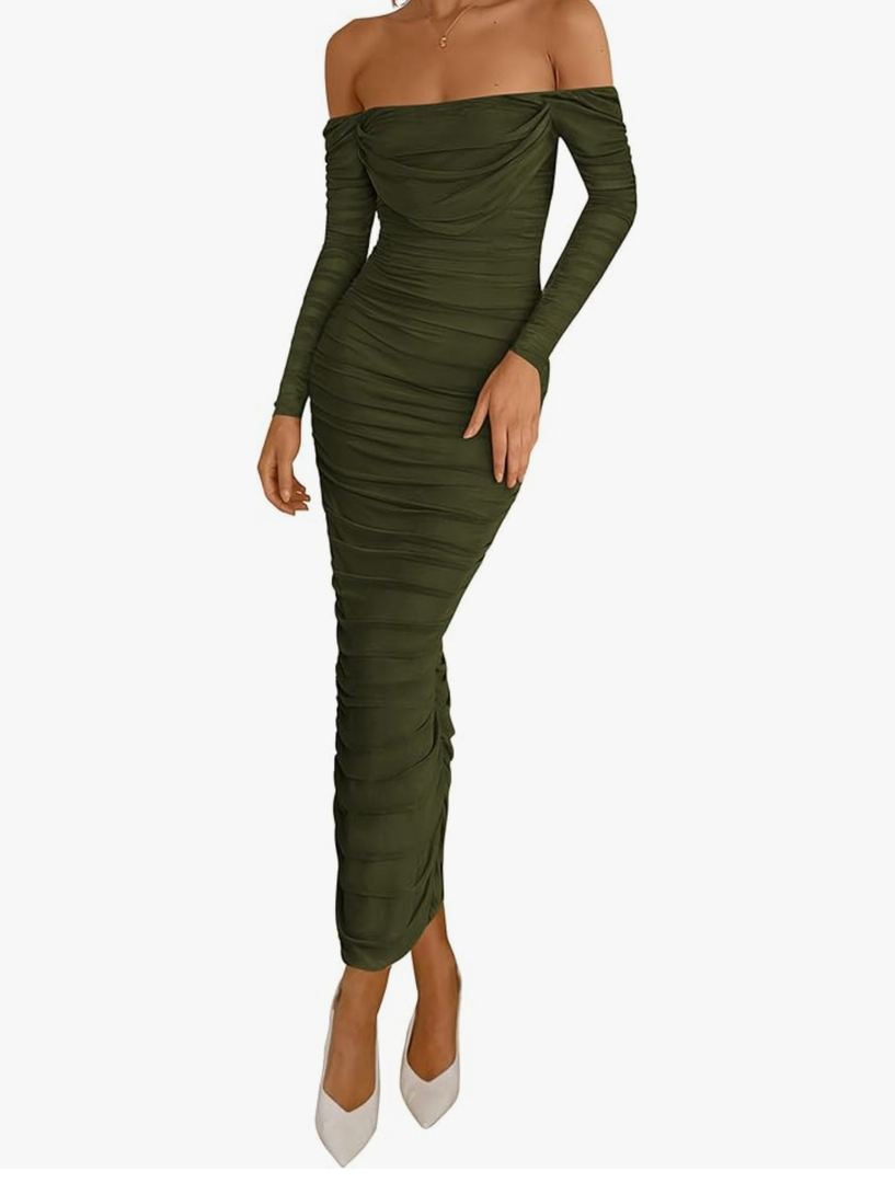 PRETTYGARDEN Womens 2026 Fall Long Sleeve Maxi Dress Off Shoulder Mesh Ruched Bodycon Trendy Long Wedding Guest Dresses(Size M)