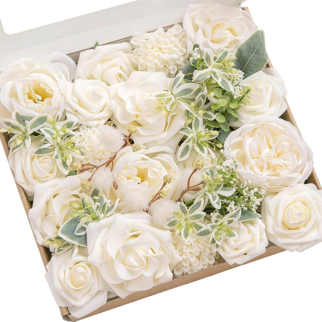 Ling's moment Fake Flowers Box, Faux Artificial Greenery Stems Foam Roses Dahlia Silk Peony Fabic Flower for Centerpieces Bouquet Wedding Vase Floral Arrangement Decoration, Ivory & Sage, Grand Combo