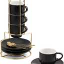 Lareina 3-Ounce Espresso Cups Set Of 4, Small Stackable Coffee Cups with Saucers, Spoons and Metal Stand, Ceramic Demitasse Mugs, Espresso Accessories for Machine, Black
