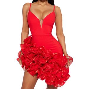 Qikaka Women's Sleeveless Spaghetti Strap V Neck Solid Bodycon Ruffles Hem Mini Dress (Red) Small
