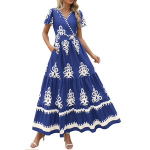 PRETTYGARDEN Womens 2025 Summer Casual V Neck Boho Maxi Dress Flowy Aline Bell Sleeve Tiered Floral Dresses with Pocket M