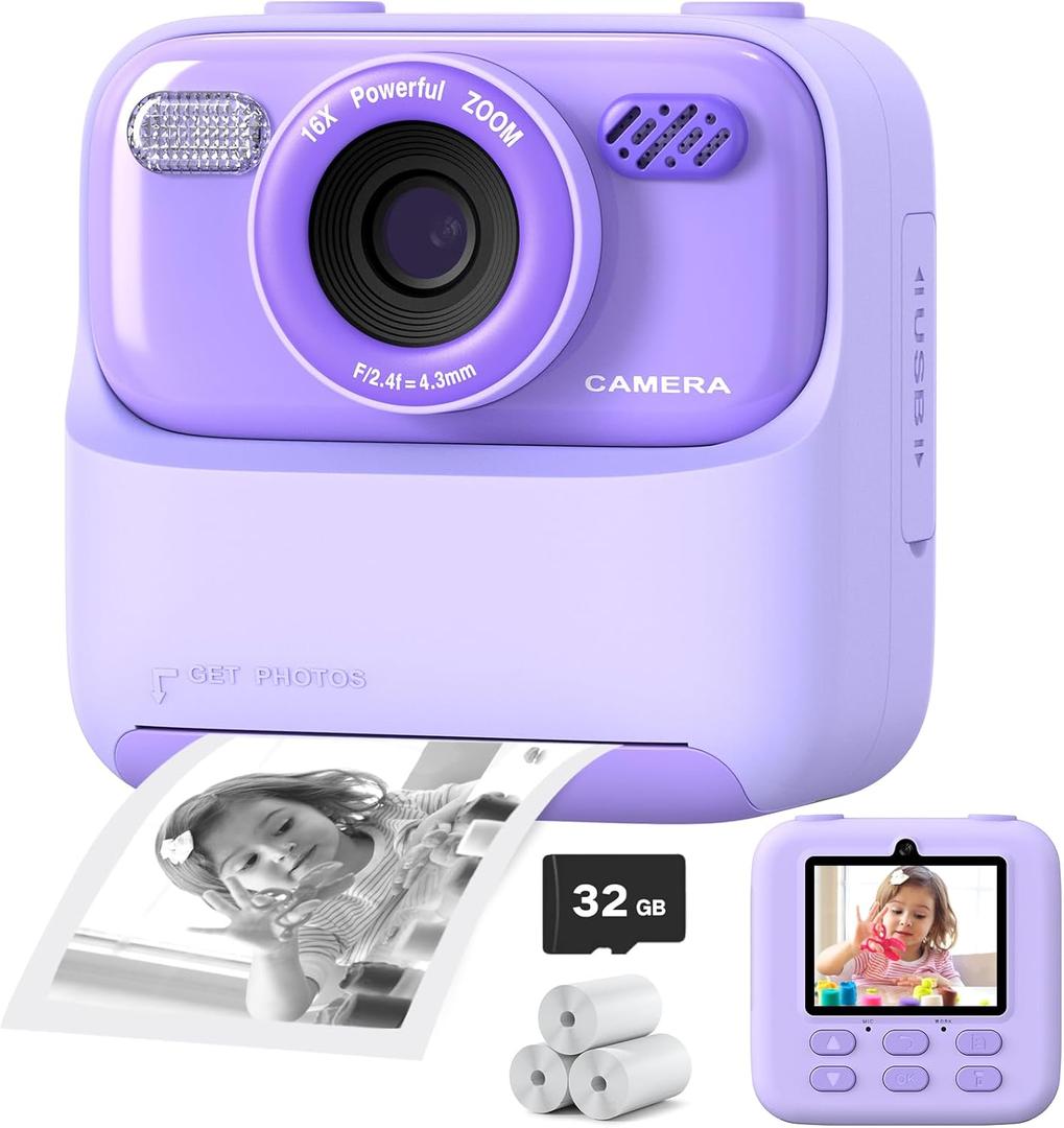 Upgrade Kids Camera Instant Print for Boys and Girls, 1080P HD Dual-Lens Selfie Digital Camera with Print Paper & 32G Card, Christmas Birthday Gifts Toys for Toddler and Teenagers Age 3-16 Years Old (Purple)