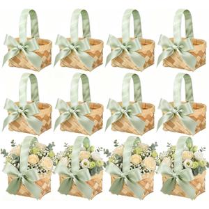 Geelin 12 Pcs Mini Flower Girl Basket Mini Woven Baskets with Pearl Handles Wood Chip Flower Fruit Picnic Holder with Sage Green Ribbon Smell Gifts Bucket for Wedding Party Gifts Birthday Decoration