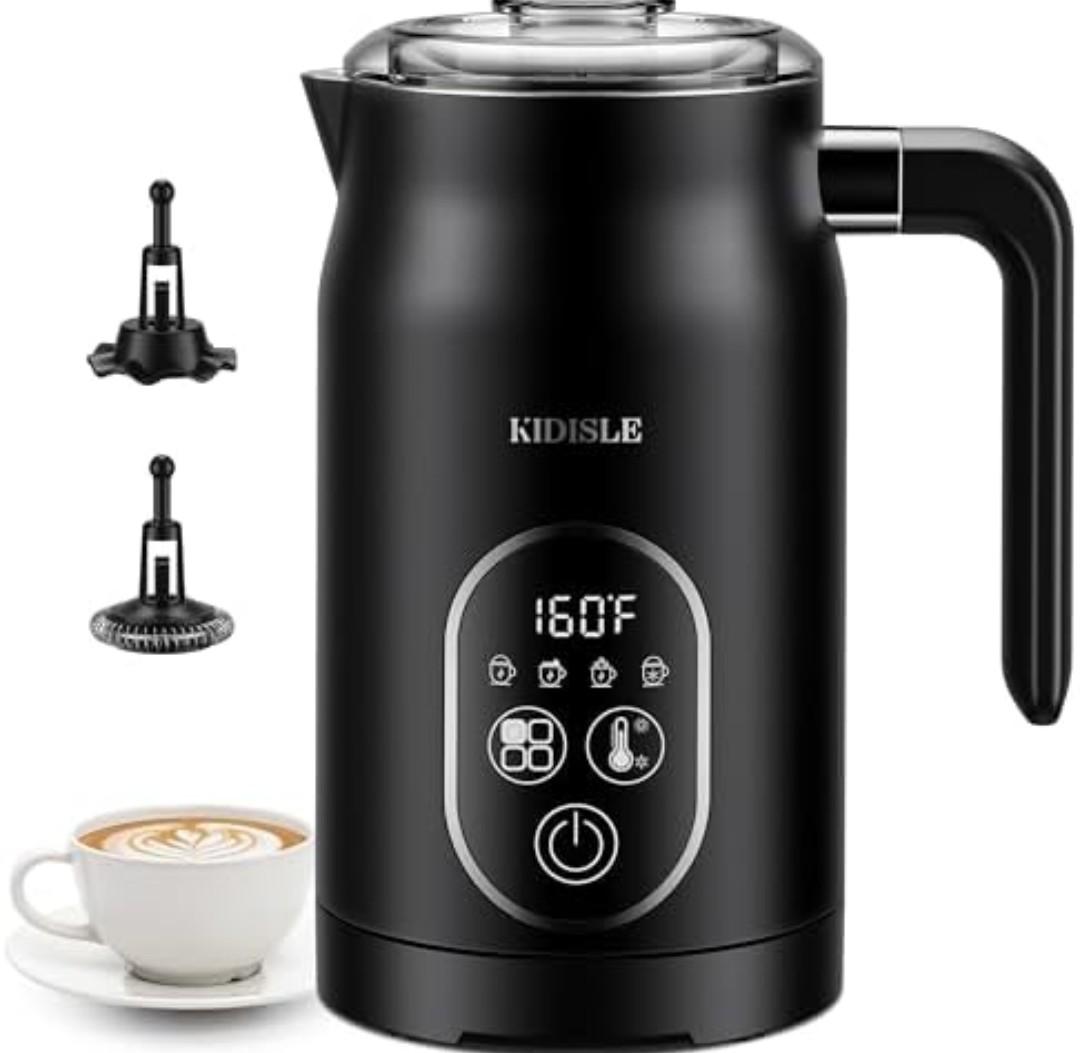 KIDISLE Milk Frother and Steamer 4 in 1, Milk Steamer with Auto Temperature Control, Warm & Cold Foam Maker, Hot Chocolate Maker, Frother for Coffee, Latte, Cappuccino, Black