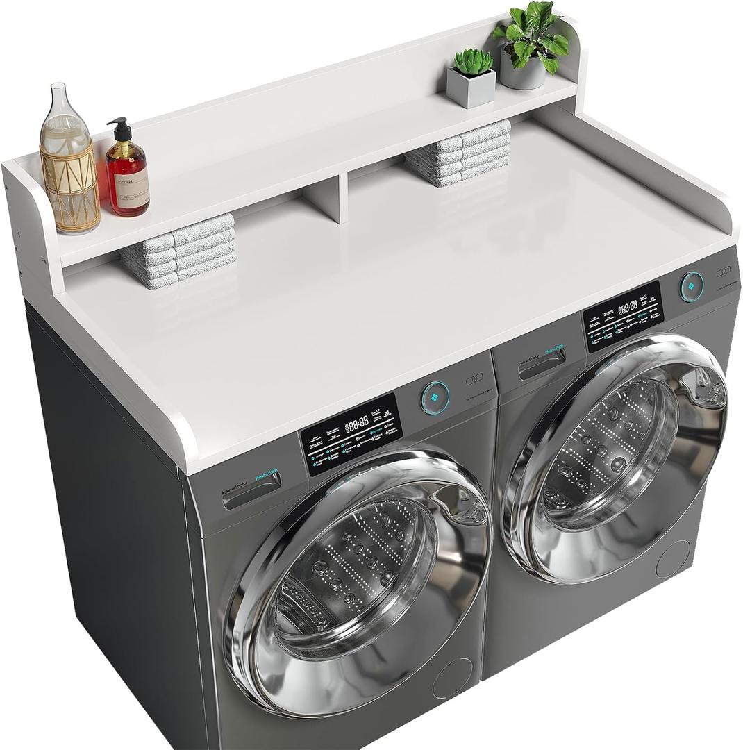 2-Tier Washer Dryer Countertop with 2.75"H Edge Rails, 54" W x 27.55" D Laundry Countertop for Folding Clothes, Washer and Dryer Topper with Non-Slip Pad (White), Standard-2 Tier