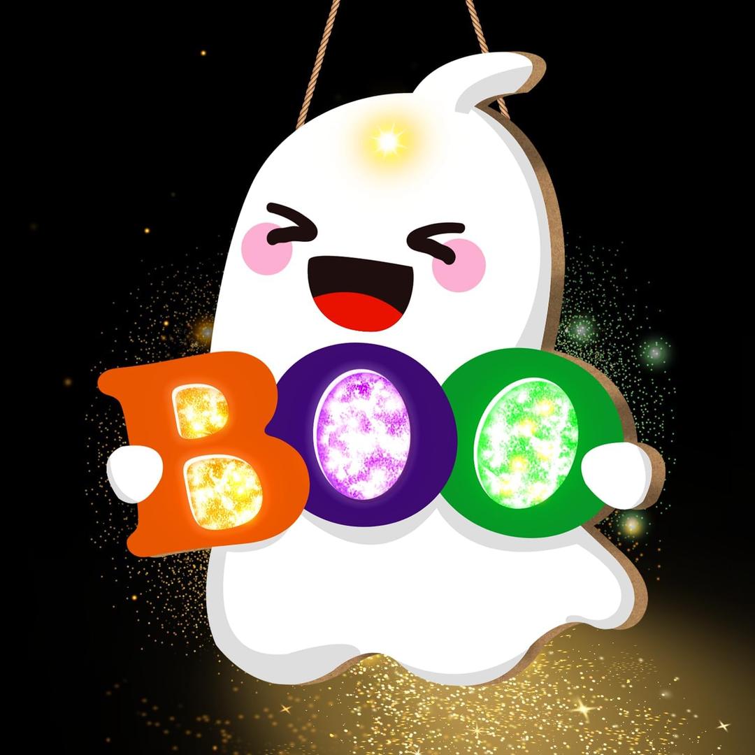 Halloween Door Decor, BOO Halloween Ghost with Light Hanging Sign Wall Hanging Outdoor,Gifts for Front Door Decoration