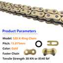 520 X-Ring Chain, 120 Links Heavy Duty Motorcycle Gold Chain with Connecting Master Link
