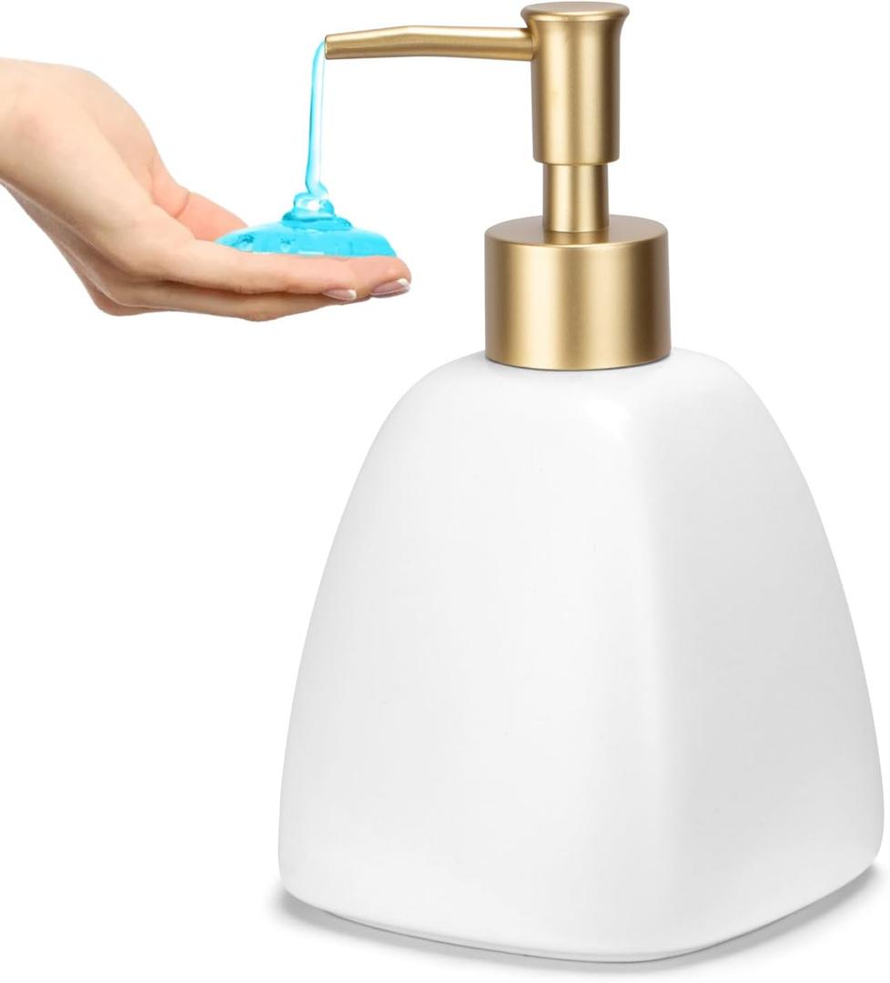 Ceramic Hand Soap Dispenser Liquid for Bathroom, Lotion Dispenser with Rust-Proof Plastic Pump for Kitchen 500ml/16.9oz (pyramid, White)