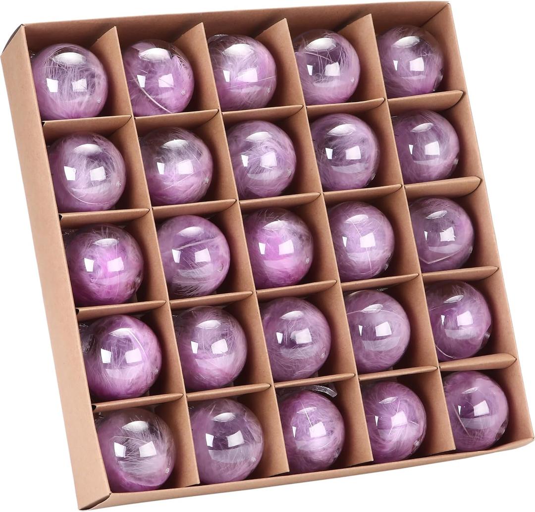 Sea Team 25-Pack Clear Christmas Ball Ornaments with Stuffed Feathers, Decorative Hanging Plume Baubles, Shatterproof Plastic Decorations for Xmas Tree, Wreath, Garland, 60mm/2.36 Inches, Lavender