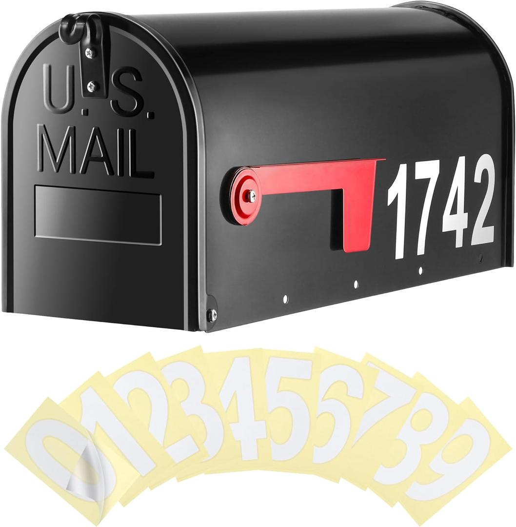 Saillong Galvanized Steel Black Post Mount Mailbox - 5 Sets Reflective Mailbox Number Stickers