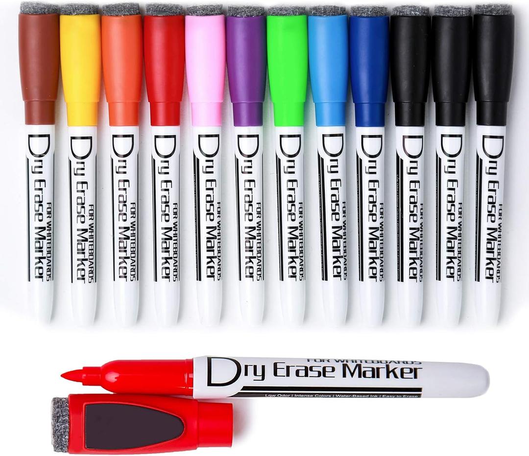 Volcanics Magnetic Dry Wipe Pens Dry Erase Markers With Eraser Cap Low Odor Fine Tip Whiteboard Pens Pack of 12,10 Colors