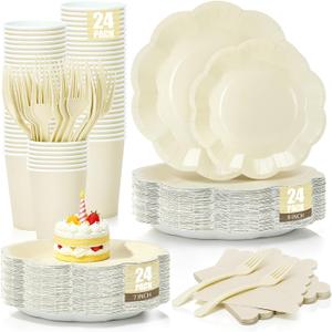 Scalloped Cream Plates and Napkins Party Supplies, Disposable 9 and 7 Ivory Paper Plates Cups Napkins Forks Set for Birthday Wedding Baby Shower Bridal Shower Decorations, Serves for 24 Guests