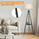 OUTON Wood Tripod Floor Lamp with Shelves, Mid Century Floor Lamp with Remote Control, 4 Color Temperature, LED Modern Dimmable Standing Lamp for Living Room, Bedroom, Office, Black & Gold