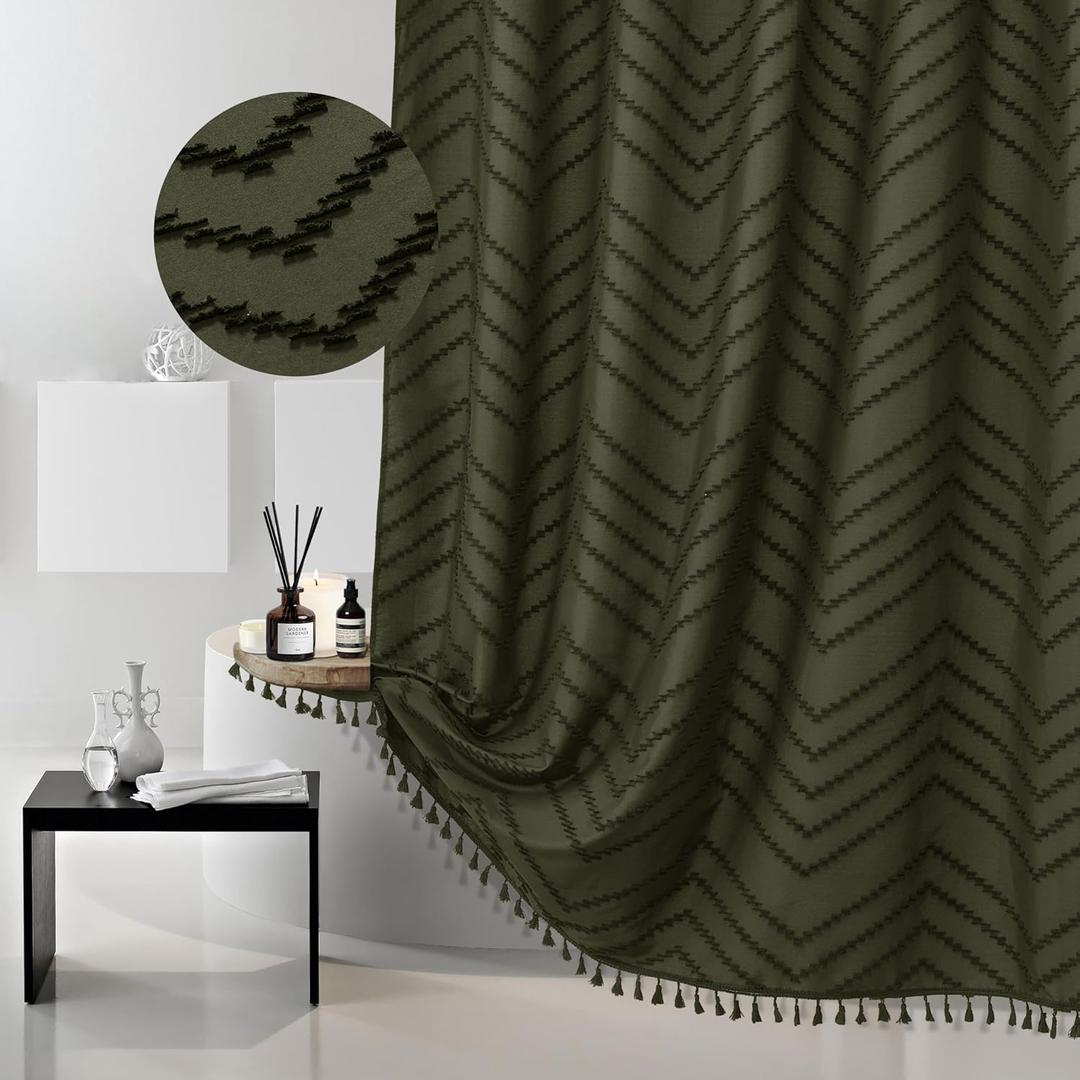 Extra Long Olive Green Boho Shower Curtain with Tassel, Woven Fabric 84 in Shower Curtain, Tufted Chevron Striped, 72 x 84, Modern Chic Textured Minimalist Bathroom Shower