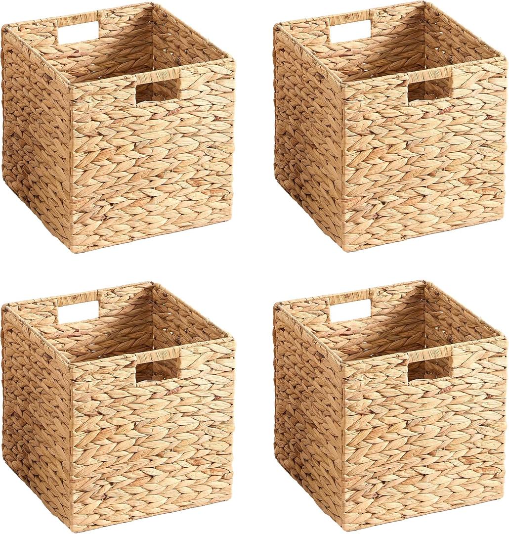 11x11x11 Wicker Storage Basket Set of 4, Water Hyacinth Woven Basket with Handles, Wicker Cube Storage Bins for Shelves, Foldable Square Storage Cubes for Living Room Bedroom Organizing, Natural