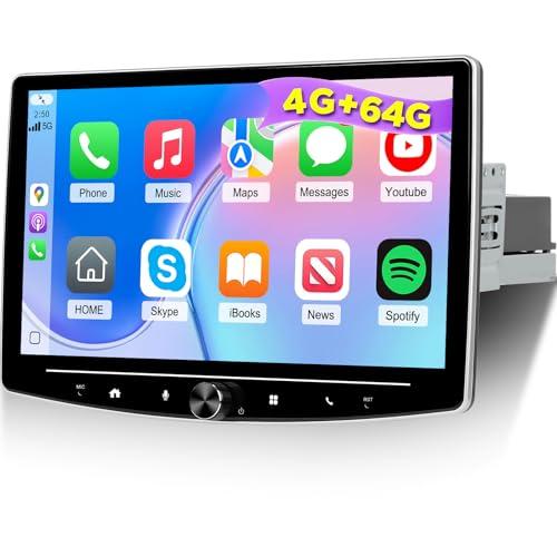 [4G+64G] 10 inch Android Single Din Car Stereo Rotatable 10.1 inch Touch Screen Carplay Radio with Wireless Car Play/Android Auto/Bluetooth//FM RDS/SWC/GPS + AHD Backup Camera