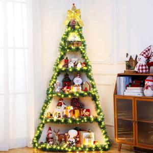 CroBlissful 6 Tier 6ft Christmas Village Display Stand Christmas Tree Corner Shelf Large Wood Platform Bookshelf for DIY Living Room Bedroom Home Office Decor, 76.2 cm x 68.58 cm