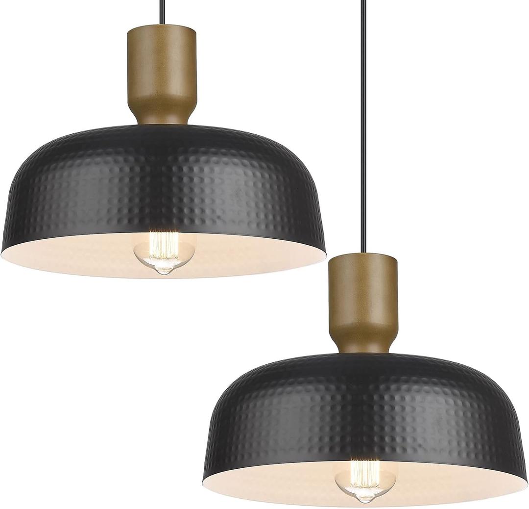 Farmhouse Pendant Lights, 2pcs Adjustable Hanging Light Fixtures with Hammered Metal Shade, 12.4 inch Pendant Lighting for Kitchen Island, Blue (Black)