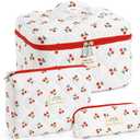 Makeup Bag for Women 3PCS Quilted Cotton Make Up Bag Travel Cosmetic Bag Large Makeup Bag Set Cute Makeups Organizer Floral Toiletry Pouch for Purse, Cherry