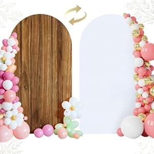 OurWarm 7.2FT Wood Arch Cover, Wood Grain and White 2 in 1 Round Arch Backdrop Covers, Spandex Arch Stretchy Backdrop Cover Fabric for Birthday Party Baby Shower Wedding Arch Stand Decorations