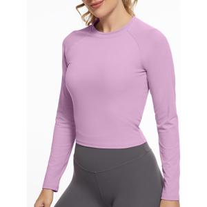 GGOV Womens Long Sleeve Crop Workout Tops Yoga Cropped Top Gym Shirts Athletic Clothes Slim Fit (Medium, Purple)