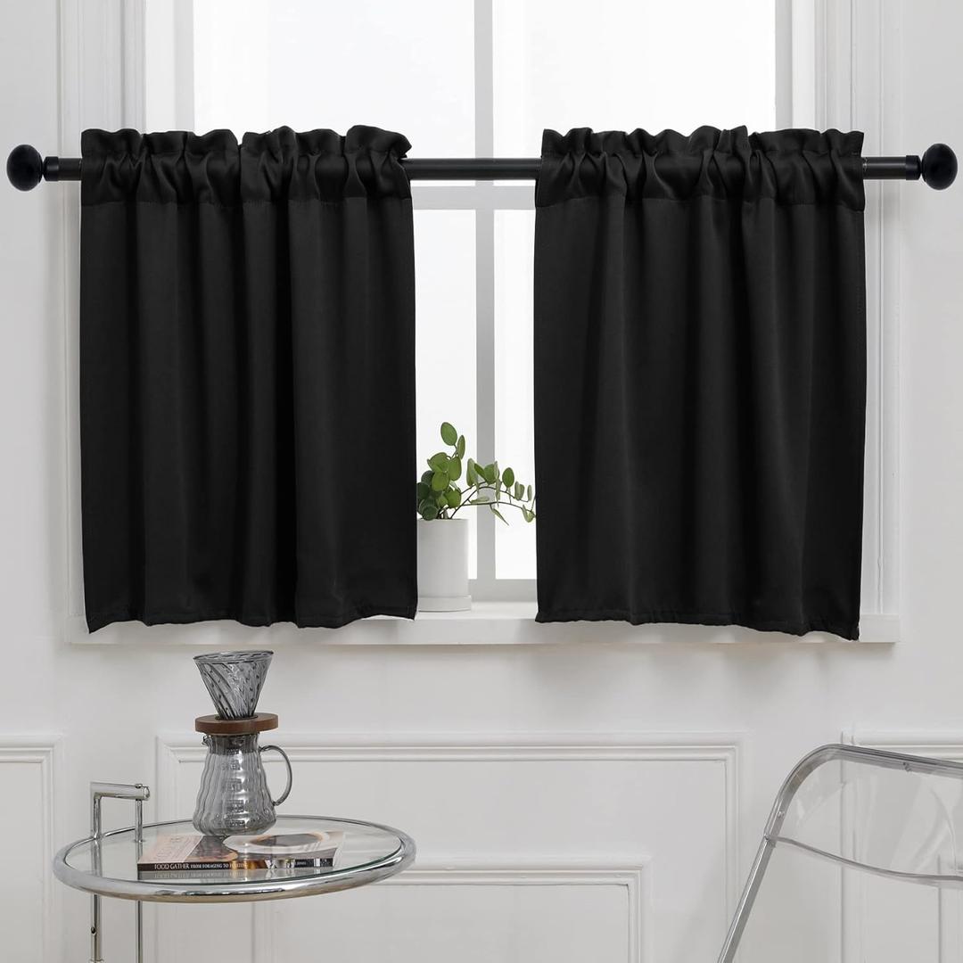Pickluc Black Cafe Curtain (Half Window Curtain) 30 Inches Length, Rod Pocket Small Kitchen Curtain, Short Blackout Curtain for Small Window, 30" Wide and 30" Long, 2 Panels