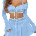 Avidlove Women's Sexy Lingerie Set Sheer Mesh Off Shoulder Bra Panty Ruffle Skirts 3 Piece Sets (Large, Blue)