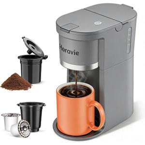 Horavie Small Single Serve Coffee Maker, Fast Brew One Cup Coffee Machine for K Cup and Grounds, 6 to 12 oz. Brew Sizes, Capsule Coffee Machine with Descaling Reminder and Viewing Tank, Grey