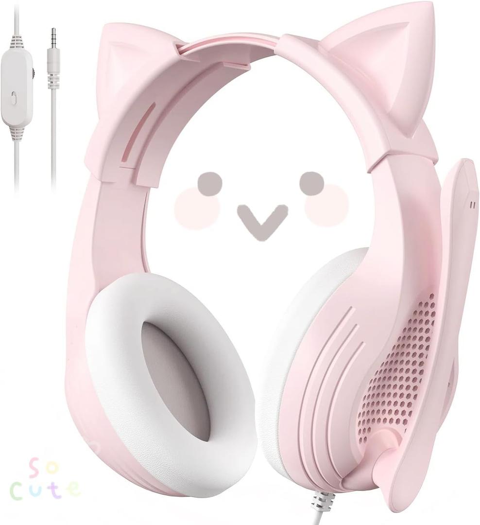 Gaming Headset with Microphone for PS4 Xbox One PS5 Controller, Over Ear Wired Headphones with Mic for PC Computer Mac Laptop and Consoles (Light Pink)