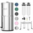 Purewell 3-Stage Gravity Fed Water Filter System, 2.25 Gallon Stainless Steel Countertop System with 2 Washable Ceramic Filters, Metal Water Level Spigot and Stand, Reduce up to 99% Chlorine, PW-OBT-K