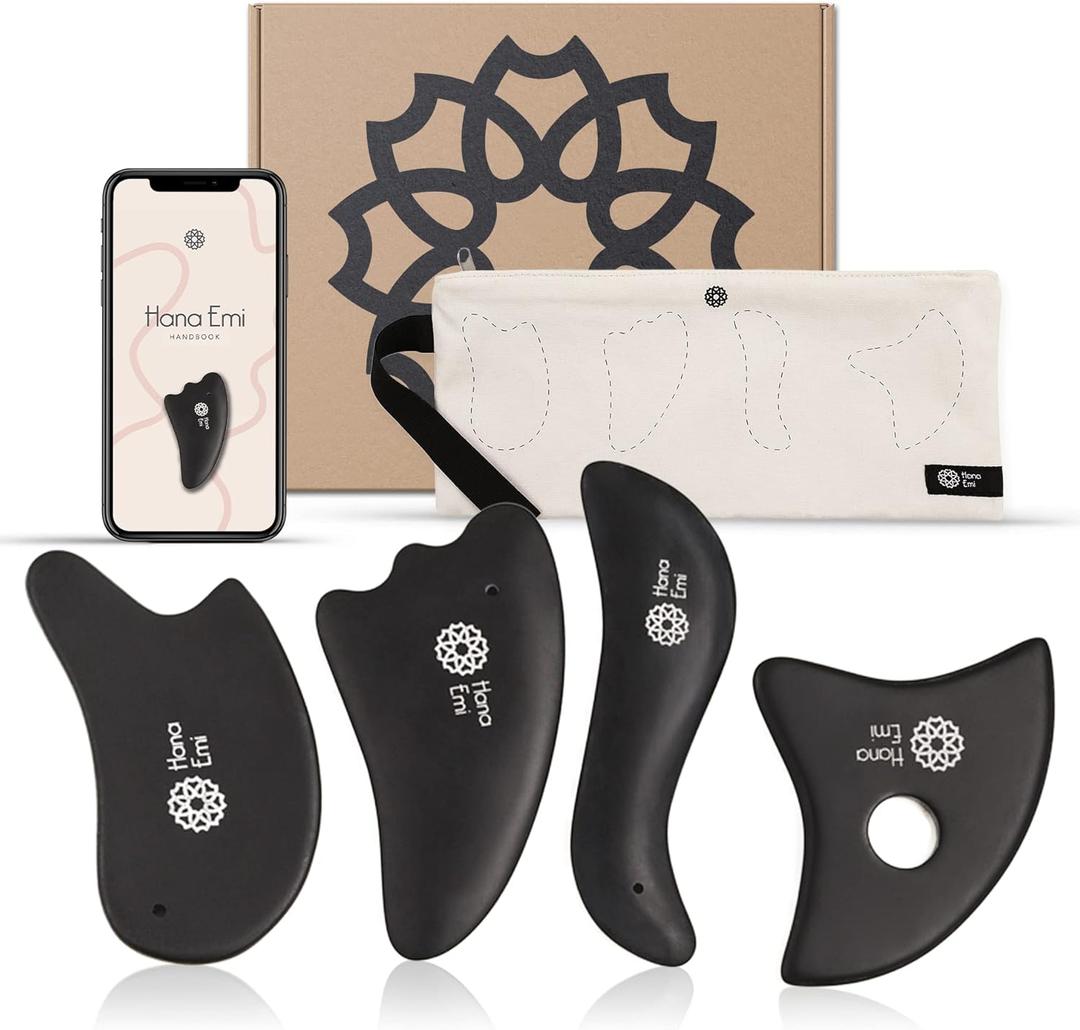 Gua Sha Facial Tools Set of 4 - Large Bian Stone for Face & Body Massage - Glowing Massage Tool & Body Set for Daily Skincare Routine (Large 4 Set)