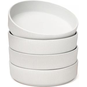 OTAGO 8" Bowls Set of 4, Ribbed Stoneware Bowls with Unique Handcrafted Reactive Glaze, Matte Ceramic Tableware for Kitchen, Dinner & Dining, Microwave & Dishwasher Safe, White, 4 Pieces