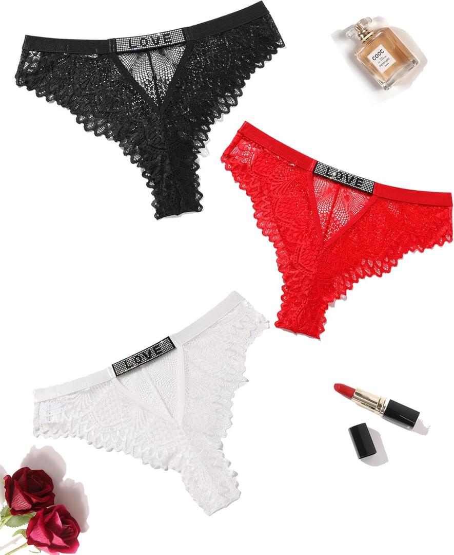 Avidlove Women Sexy Panties Lace Cheeky Panty Rhinestone Bikini Underwear 3 Pack (Large)