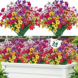 Lnoicy 24 Pcs Artificial Flowers for Outdoor,Plastic Flowers Decoration, UV Resistant Faux Flowers Shrubs, Artificial Plants for Indoor Outside Garden Home Wedding Farmhouse6 Color