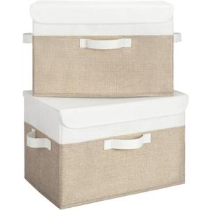GRANNY SAYS Storage Bins with Lids, Decorative Storage Boxes, Clothes Stoarge Bins, Shelf Baskets, Closet Storage Bins for Clothing, Collapsible Storage and Organization, 2-Pack (White/Khaki)