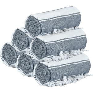 GLAMBURG Peshtemal Turkish Beach Towel Cotton Oversized 36x71 Set of 6 for Adults, Soft Durable Absorbent Extra Large Hammam Bath Sheet - Navy Blue