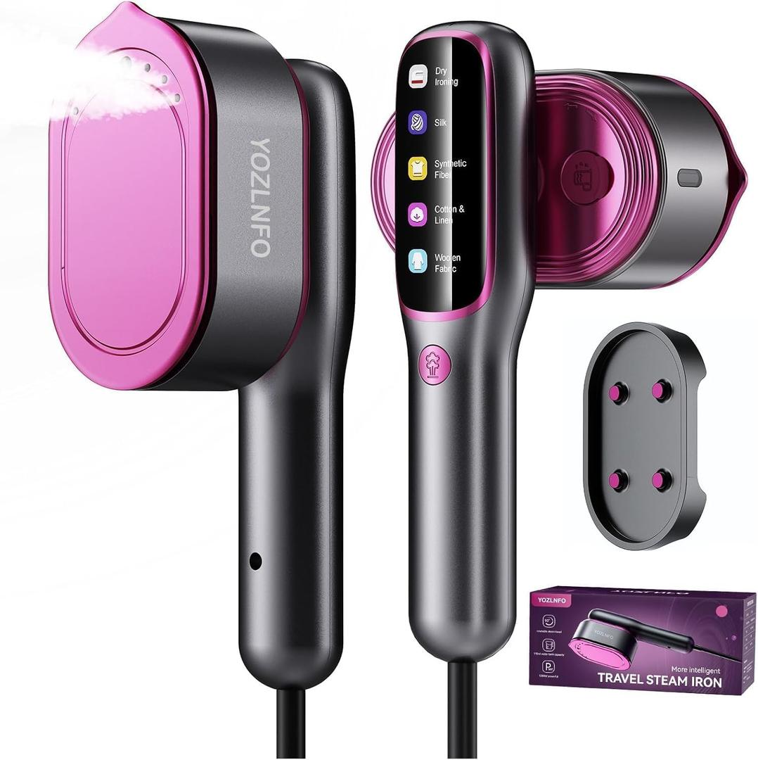 Portable Travel Steamer: 2-in-1 Mini Handheld Garment Steamer Iron - Fast 15s Heat Up & 5 Steam Settings - Large Ceramic Panel - Purple Pink Color - 110-120V Purple Pink