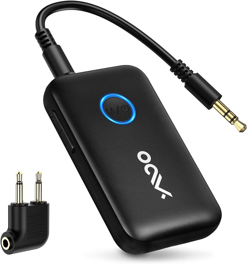YMOO Airplane Bluetooth Adapter for AirPods, Bluetooth Transmitter Receiver for TV, with aptX Adaptive & Low Latency, 3.5mm Aux Wireless Audio Adapter for 2 Headphones, Airplane Travel Essentials
