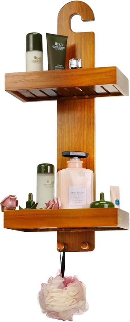 Utoplike Teak Shower Caddy Hanging, Shower Organizer Over Shower Head, Wooden Bathroom Shelf Holder with Hooks for Shampoo, Soap, Towels, No Drilling