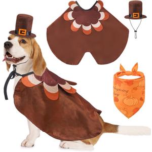 SCENEREAL Thanksgiving Dog Costume, Puppy Bandana Cloak and Hat Set with Pumpkin Maple Leaf Pattern, Funny Pet Holiday Turkey Outfits Clothes for Small Medium Dogs Boys Girls Cats